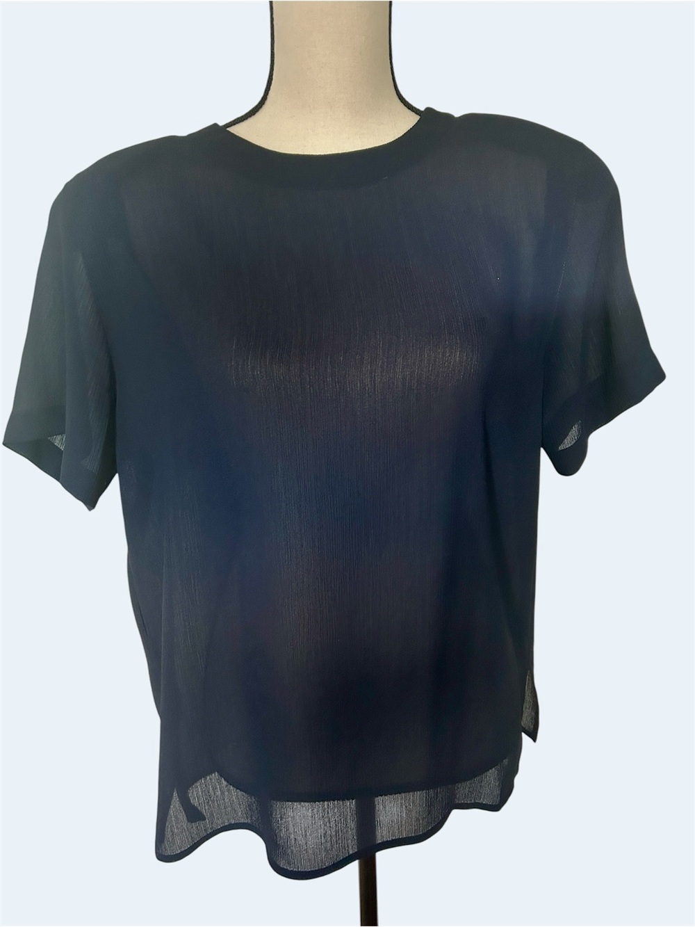 Vintage 90s Rena Rowan Navy Crinkle Blouse Button Back Short Sleeve 14